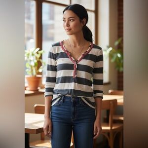 Anthropologie Postmark Henley Top Striped Floral Trim Roll Tab Sleeves